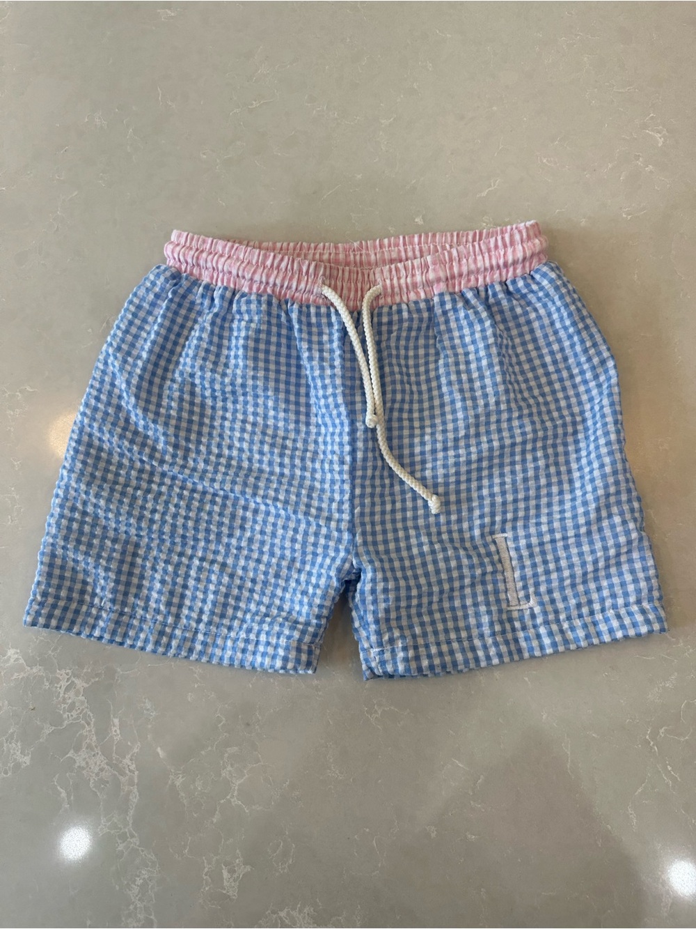 Light Blue Gingham Swim Trunks with Pink Waistband, Embroidered L Size 3
